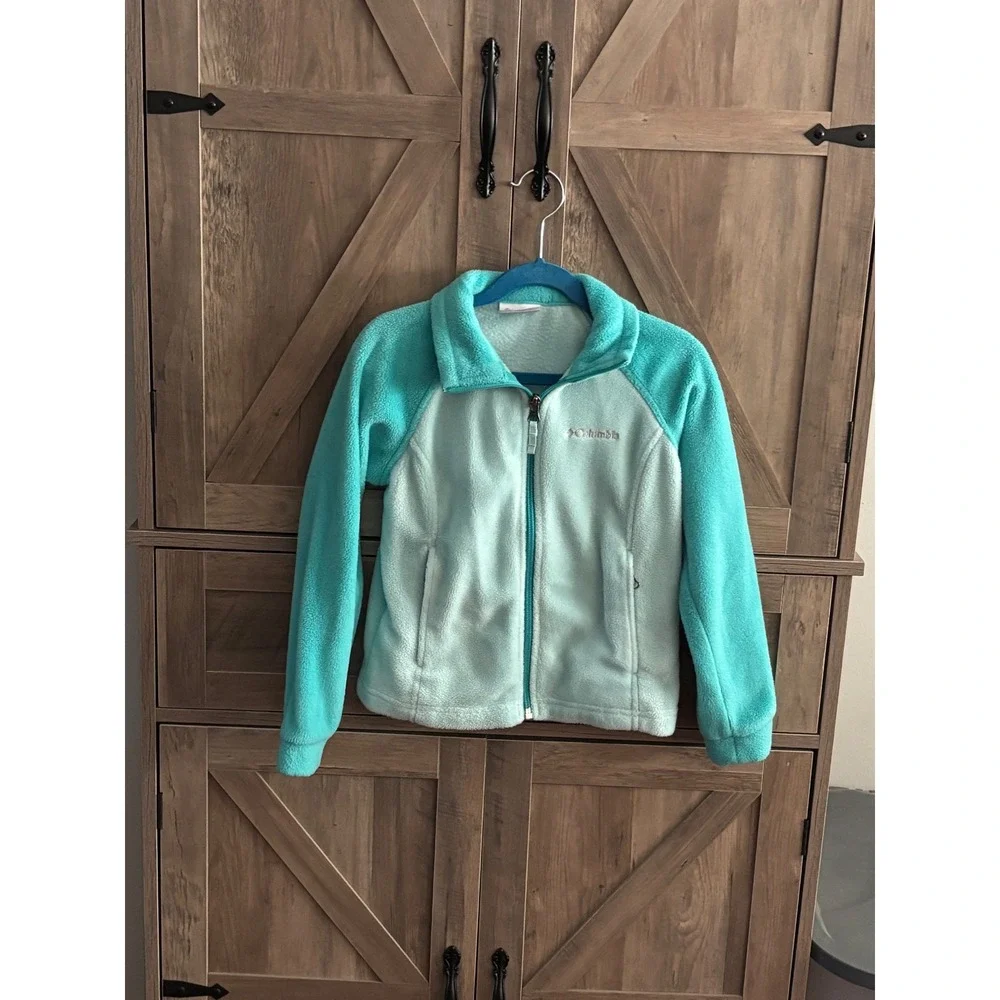 Columbia Girls XS 6 6X Fleece Jacket Full Zip Teal Mint Green Mock Neck Logo